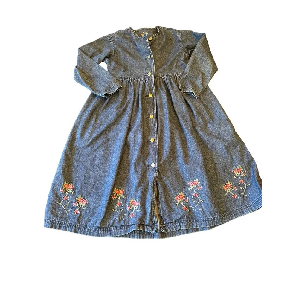 Laura Ashley Dress‎ Blue Mother & Child Floral Embroidered Denim Button Front 7Y